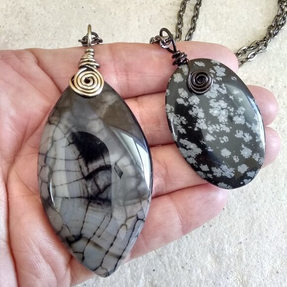 Snowflake Obsidian Stone Medallion Necklace & 24" Gunmetal Black Chain ~ Unisex - Picture 10 of 11